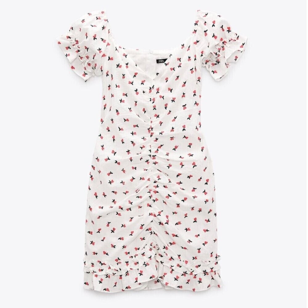 Zara Cherry Puff Sleeve Ruched Mini Dress White Red Size Medium - Picture 5 of 11